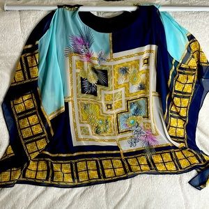 Beautiful sheer top,  lined navy blue with colorful overlay design.